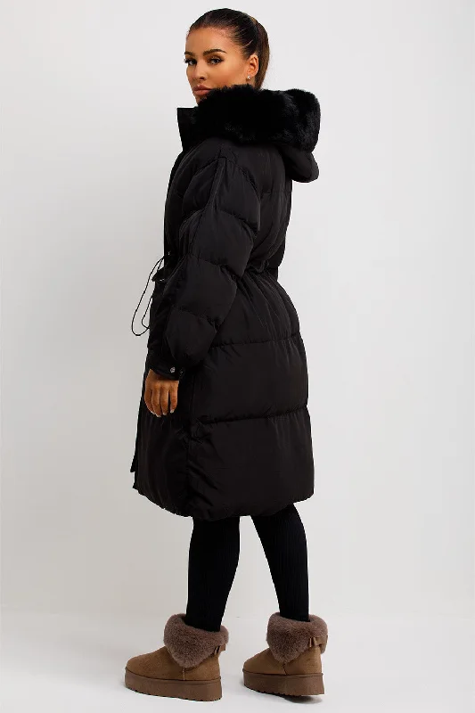 Long Black Puffer Coat With Faux Fur Hood And Drawstring Waist