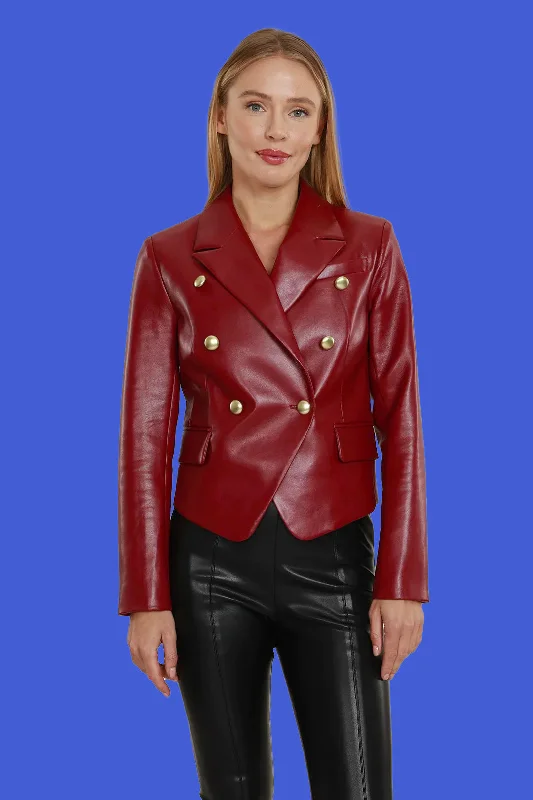 Double Breasted Vegan Leather Blazer - Burgundy