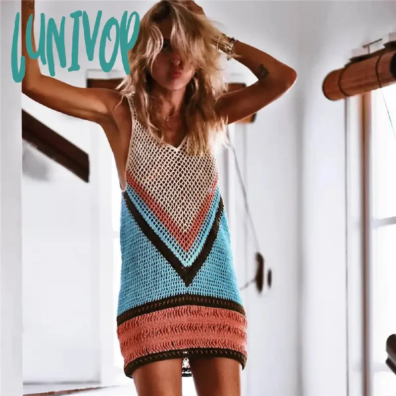 Lunivop  Crochet Summer Beach Dress Cover Up Sexy Hollow Out Mesh Knitted Tunic Swimsuit Coverup Womens Beach Sarong Robe De Plage