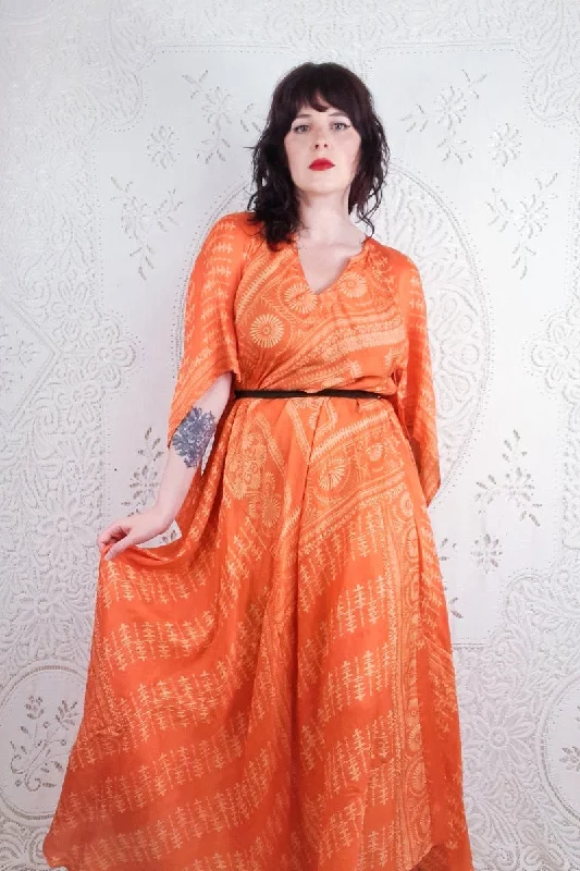 Goddess Dress - Electric Orange & Cream Abstract - Vintage Pure Silk - XS - M/L