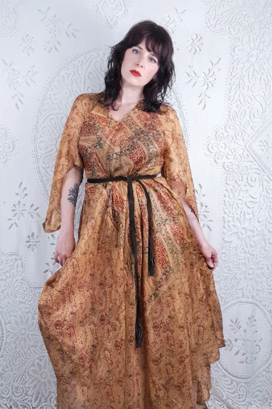 Goddess Dress - Honey Gold & Rosehip Paisley - Vintage Pure Silk - XS - L