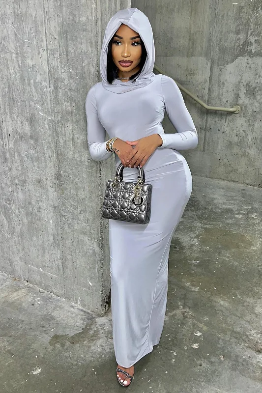 Keep It Hood Long Sleeve Maxi Dress - Silver